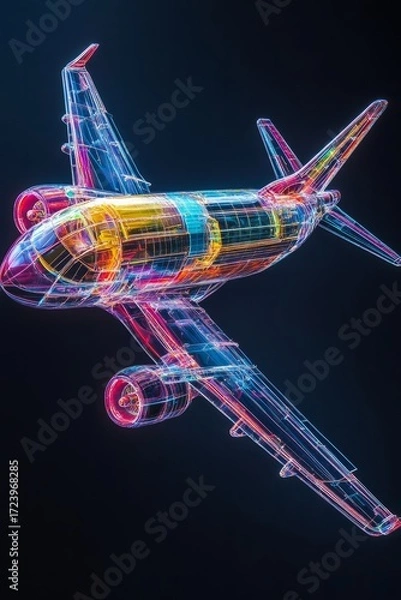Fototapeta 3D illustration of a futuristic airplane design, showcasing intricate wireframe details and vibrant colors against a dark background, representing advanced aviation technology and innovation