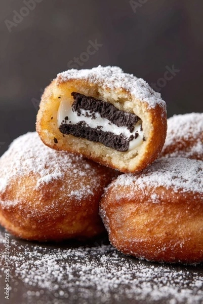 Fototapeta Freshly fried Oreo dessert, cut in half to reveal creamy filling and chocolate cookie, dusted with powdered sugar, showcasing indulgent treat with copy space
