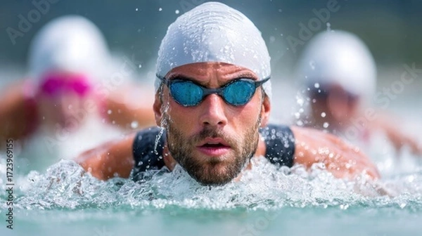 Fototapeta A determined swimmer with goggles and cap powering through the water during a race.
