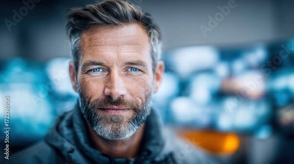 Fototapeta This portrait shows a handsome man with blue eyes and a well-kept beard, looking directly at the viewer.