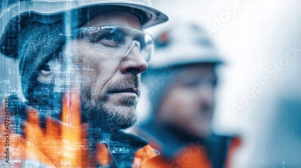 Fototapeta Two construction workers stand with digital overlay, symbolizing industry and technological advancement.