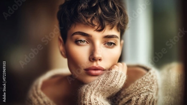 Fototapeta A stunning woman with captivating eyes and a serene expression in a close-up portrait