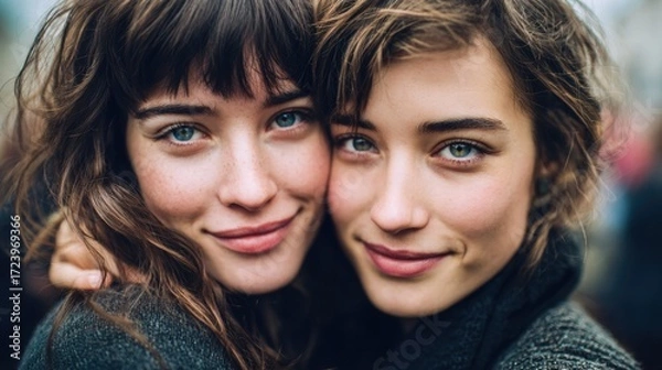Fototapeta Two smiling women share a close embrace and look into the camera.
