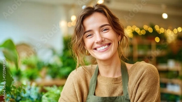 Fototapeta A smiling woman in a flower shop, radiating joy and happiness in a natural setting.