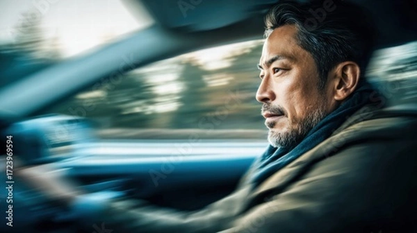 Fototapeta A mature Asian man drives a car, captured in a moment of motion and focus.