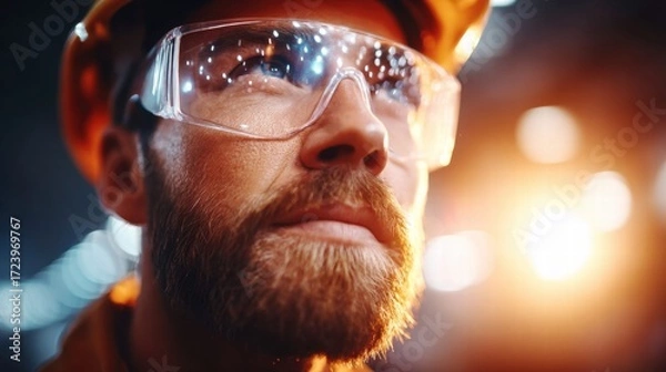 Fototapeta A construction worker with safety glasses looks up with a determined expression.