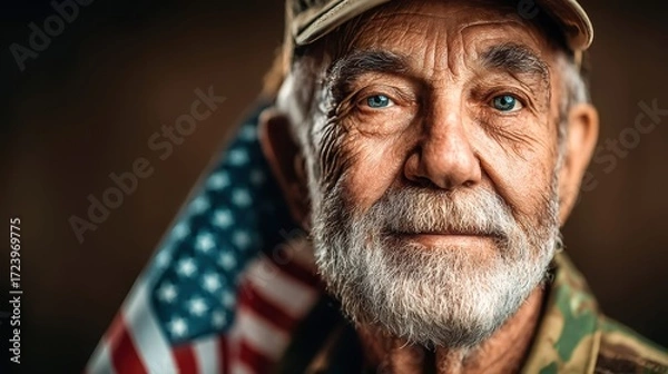Fototapeta A close-up portrait of an American veteran with the US flag in the background.
