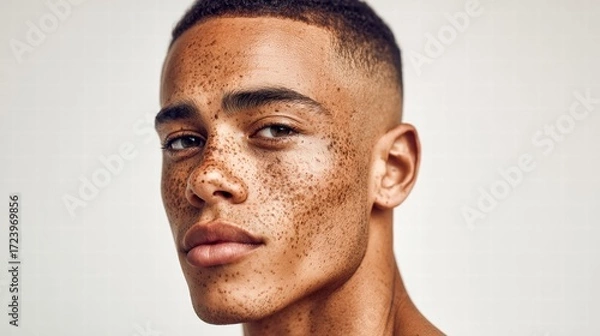 Fototapeta A close-up portrait showcases a young man with prominent freckles and a striking gaze.