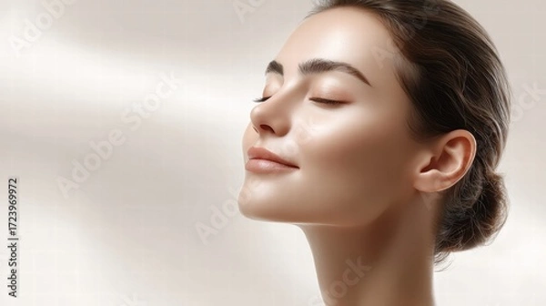 Fototapeta Close-up portrait of a beautiful woman with glowing skin, eyes closed, in a moment of serenity.