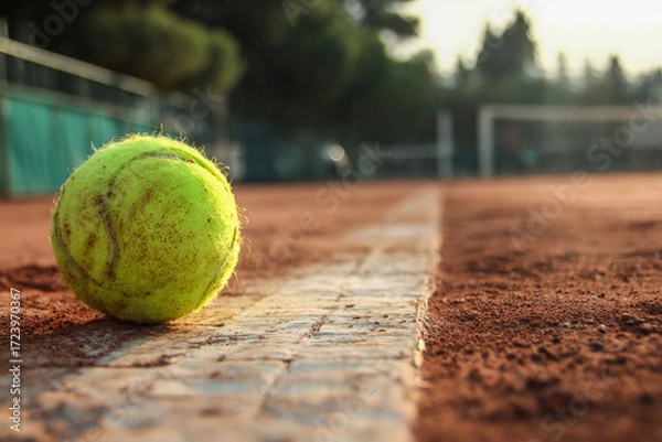 Obraz Yellow tennis ball touching the white line of a clay court, symbolizing match point tension, accuracy, fair play, and the decisive nature of competitive sports.
