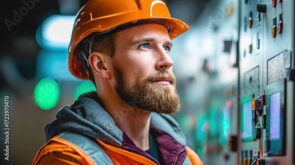 Fototapeta An engineer with a beard carefully examines the control panels with a focused expression and attentive gaze.