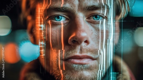 Fototapeta Intriguing portrait of a man with data lines, evoking a futuristic digital concept.