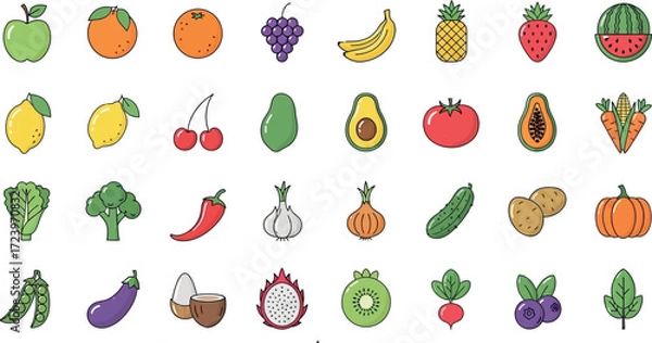 Obraz A diverse gathering of colorful fruit and vegetable line icons, representing the togetherness of a healthy and balanced diet