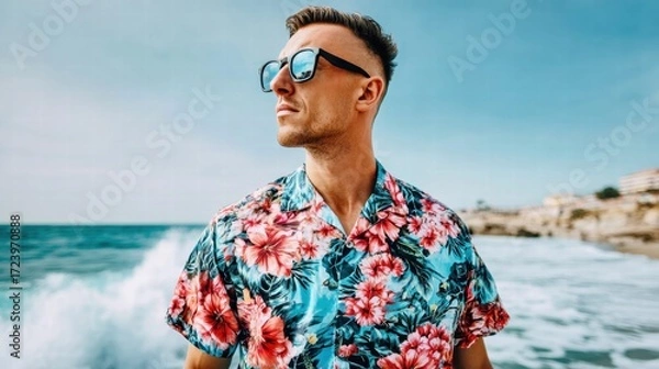 Fototapeta Man in a floral shirt enjoys a sunny day at the beach, embodying summer vibes with style.