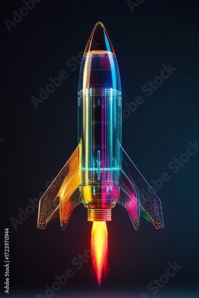 Fototapeta Futuristic rocket illustration with vibrant colors and glowing details, launching into space, showcasing advanced technology and innovation in aerospace design and exploration