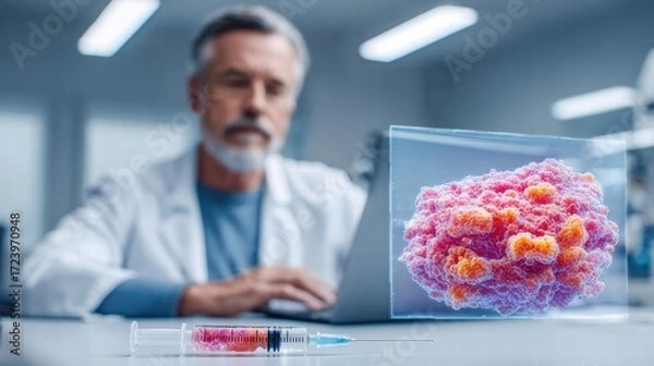 Fototapeta A scientist examines a virus with a syringe in the foreground, symbolizing research.