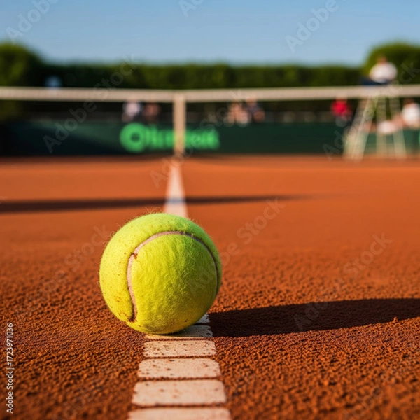 Obraz Dramatic clay court moment with tennis ball on the line, high detail, sportsmanship, precision, professional competition, symbolizing victory, challenge, and the fine margins in sport.