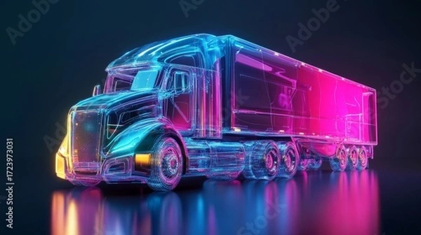 Fototapeta Futuristic 3D illustration of a glowing semi-truck with vibrant neon colors, showcasing advanced design and technology in a sleek, modern style, emphasizing innovation and transport