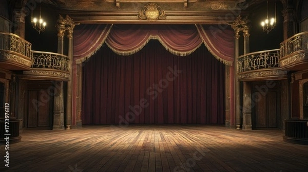 Fototapeta Elegant theater stage with rich red curtains, ornate balconies, and polished wooden floor, creating a dramatic atmosphere for performances and artistic expressions