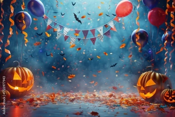 Fototapeta Festive Halloween scene featuring carved pumpkins, colorful balloons, and autumn leaves, with a backdrop of bats and a decorative banner creating a vibrant atmosphere for celebration