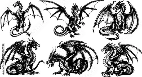 Obraz Sketched set of dragon silhouettes isolated
