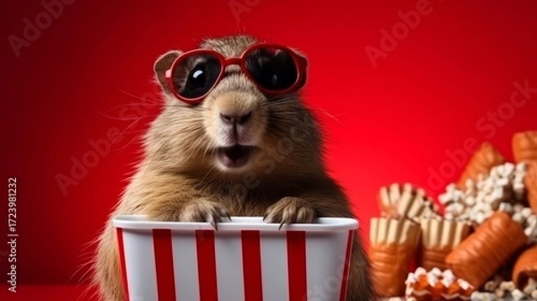 Fototapeta Cute small animal wearing sunglasses is enjoying popcorn in a striped container, surrounded by various snacks, creating a playful and fun atmosphere for entertainment