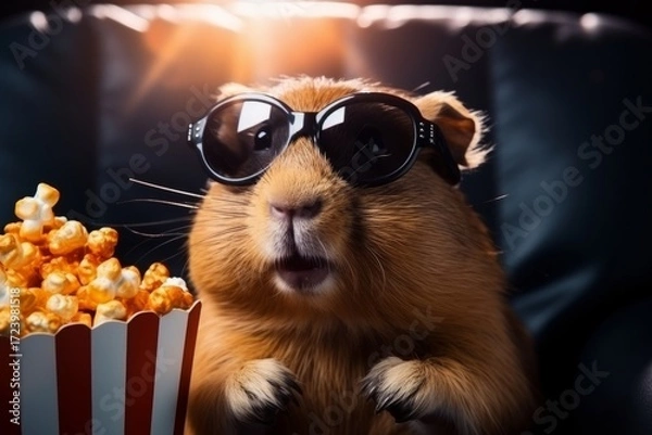 Fototapeta Adorable guinea pig wearing stylish sunglasses sits in a cozy chair, enjoying a bowl of popcorn, capturing a playful and whimsical movie night atmosphere
