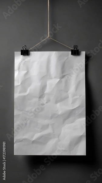 Fototapeta A close-up shot of a crumpled blank sheet hanging against a stark backdrop, conveying a sense of neglect and potential.