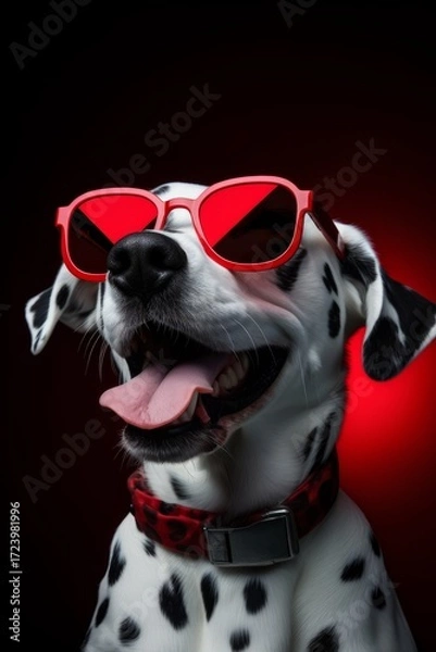 Fototapeta Playful Dalmatian dog wearing stylish red sunglasses, smiling with a joyful expression against a vibrant red background, showcasing a fun and trendy pet lifestyle