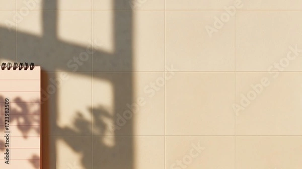 Fototapeta A minimalistic photograph of a notebook and a sun-dappled wall creates a serene ambiance of focus and productivity. The delicate shadow of leaves is cast.