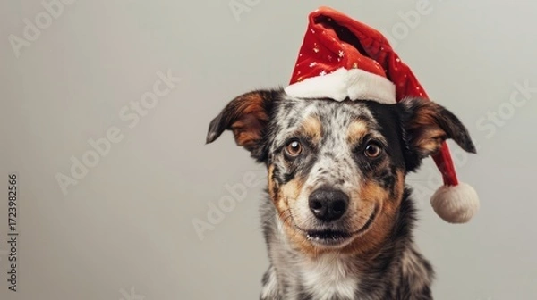 Fototapeta Playful dog wearing a festive red Santa hat, showcasing a cheerful expression, perfect for holiday-themed content and capturing the spirit of celebration and joy during the festive season