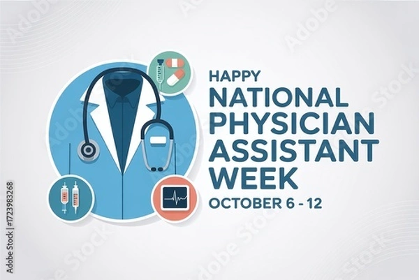 Fototapeta Happy National Physician Assistant Week banner with a stethoscope and medical icons, celebrating healthcare professionals during their dedicated week in October.