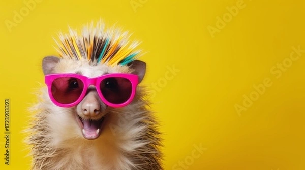 Fototapeta Hedgehog with colorful spiky hair and oversized pink sunglasses, smiling against a bright yellow background, showcasing a playful and vibrant personality in a fun setting