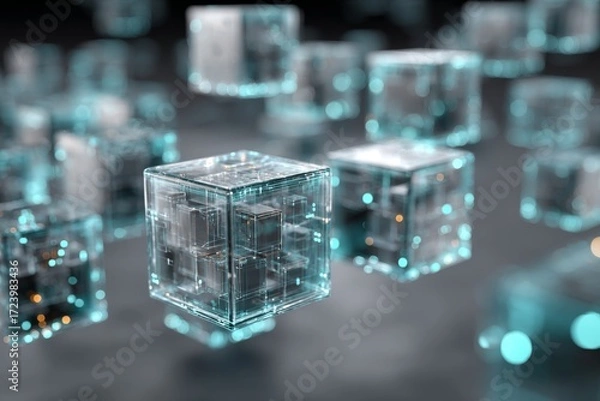 Fototapeta Abstract Transparent Data Cubes in Futuristic Space