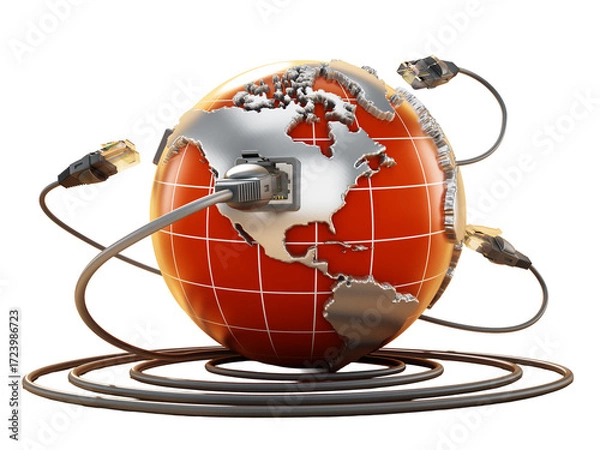 Fototapeta Rj45 plug connected to globe with world map on transparent background. 3D illustration