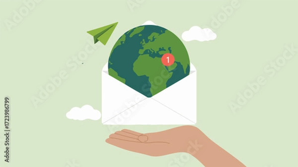Fototapeta Earth globe in envelope with paper airplane and notification vector