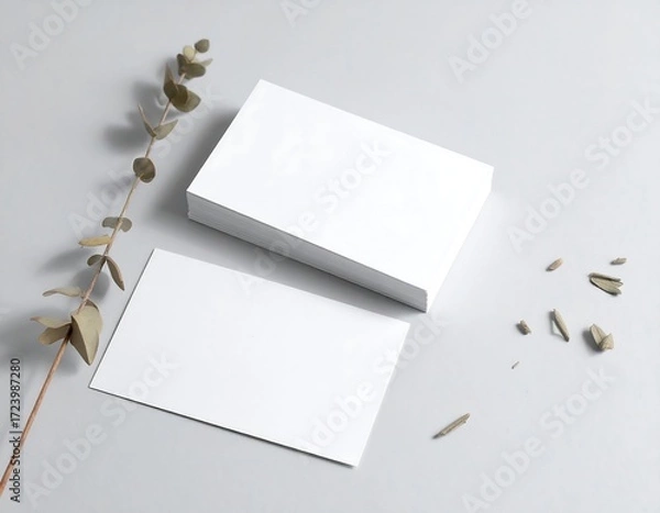 Obraz Blank business cards on a gray surface with eucalyptus