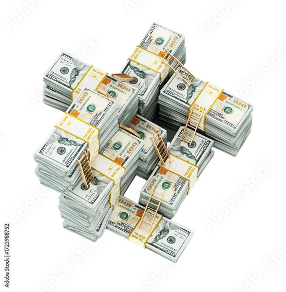 Fototapeta Ladders on arranged dollar bill stacks on transparent background. 3D illustration