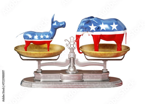 Fototapeta Republican and Democrat party political symbols elephant and donkey on transparent background. 3D illustration
