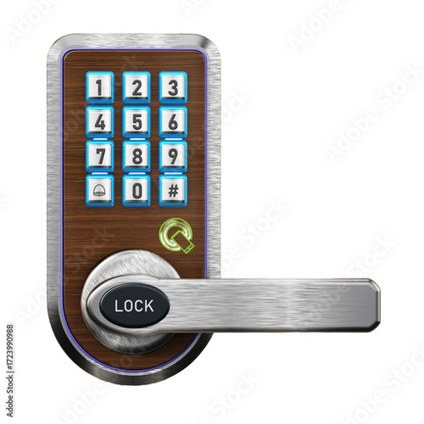 Fototapeta Digital security keypad and knob on transparent background. 3D illustration