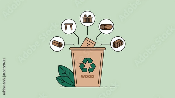 Fototapeta Minimalist wood recycling bin with objects recycling symbol logs
