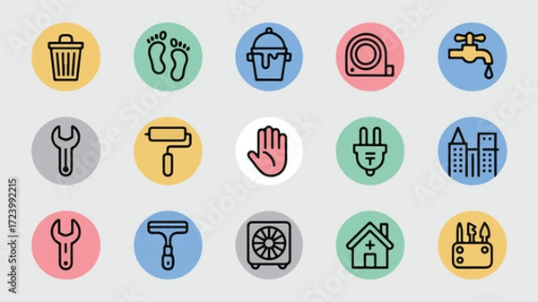 Fototapeta Minimalist icons depicting household objects and tools line art