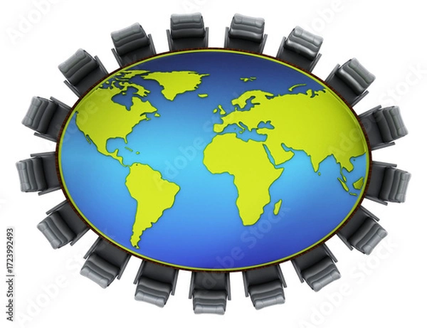 Fototapeta Earth map on table surrounded with seats on transparent background. 3D rendering