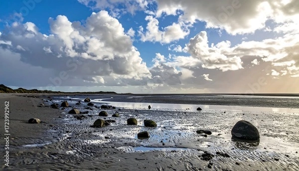 Fototapeta Dramatic beach scene under a partly cloudy sky