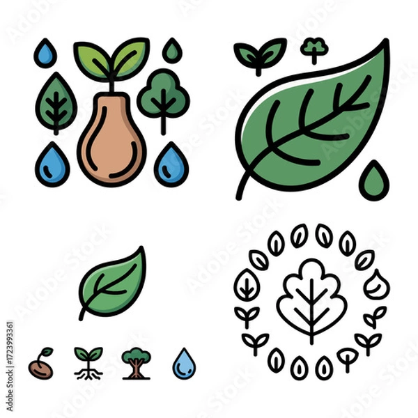 Fototapeta Eco Nature Bold Line Art Vector Icons, Leaf Tree Plant Outline SVG Pack.