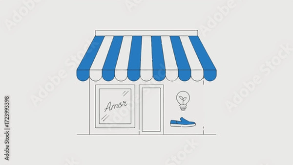 Fototapeta Storefront with awning shoe and lightbulb blue white