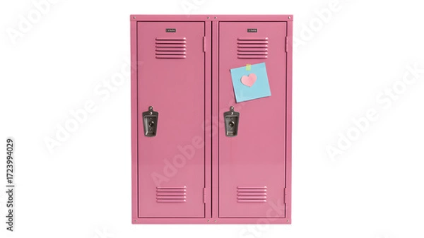 Obraz A pair of pink metal school lockers with a blue note and a pink heart attached to the right locker