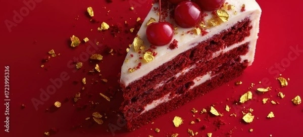 Fototapeta The Red Velvet Cake Slice with Cherries and Gold Leaf on Red Background