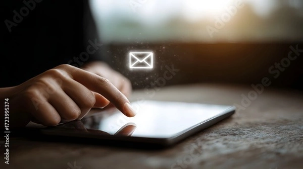Fototapeta Hands interacting with a tablet displaying a glowing digital email icon symbolizing online communication