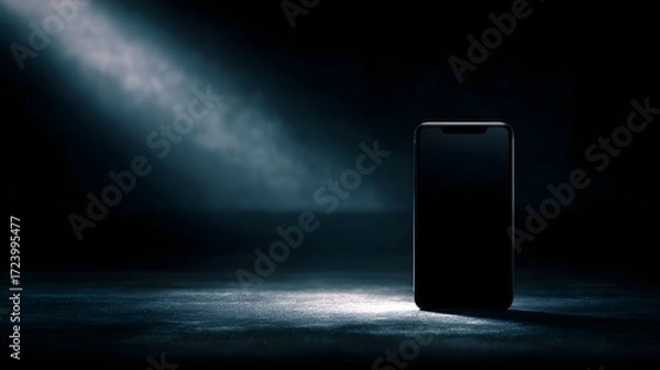 Fototapeta A dark smartphone with a blank screen dramatically illuminated by a single spotlight on a textured surface
